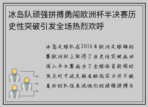 冰岛队顽强拼搏勇闯欧洲杯半决赛历史性突破引发全场热烈欢呼